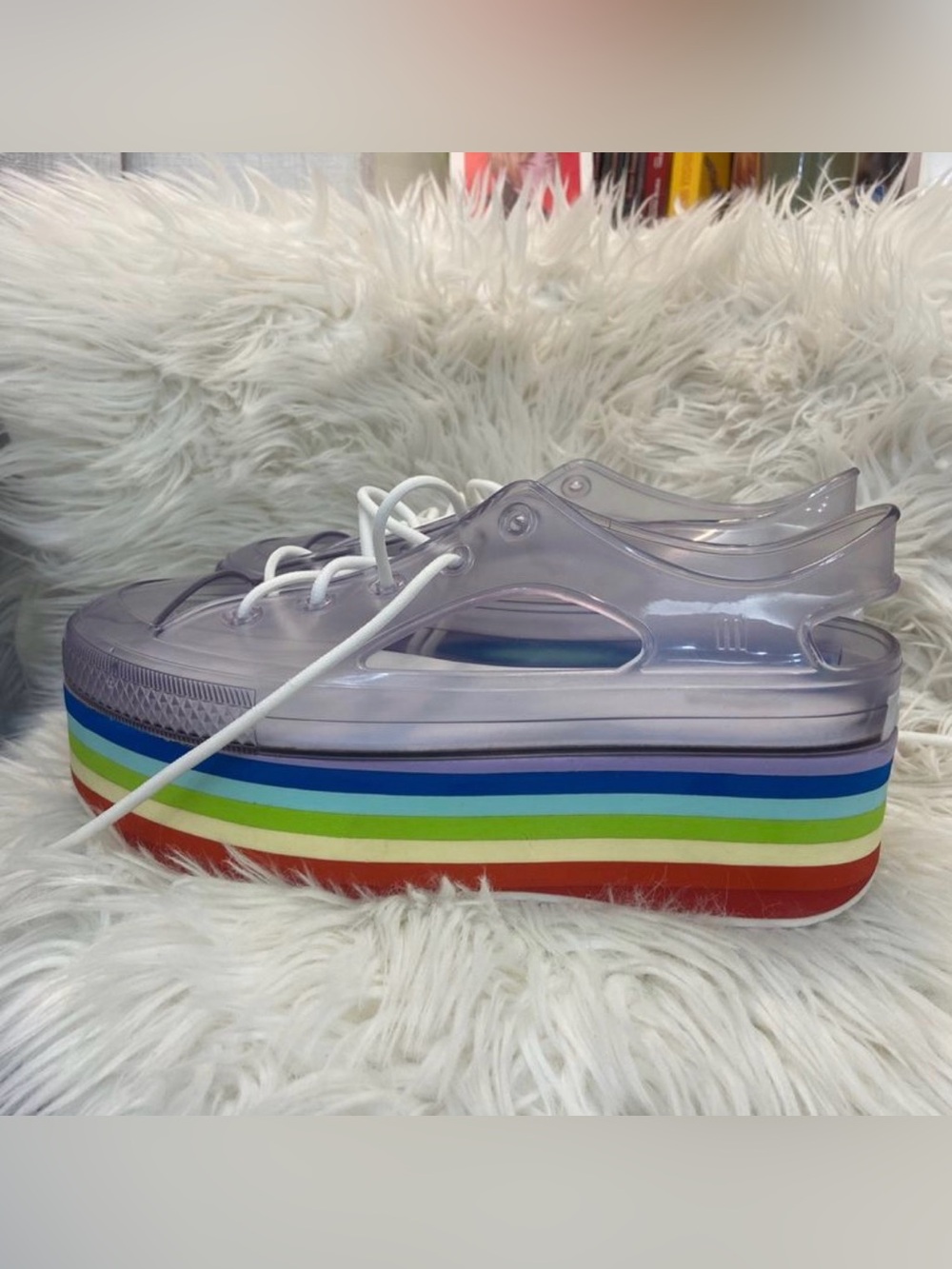 Melissa Clear Lace-Up Sneakers with Rainbow Platform Sole - Women Size 7